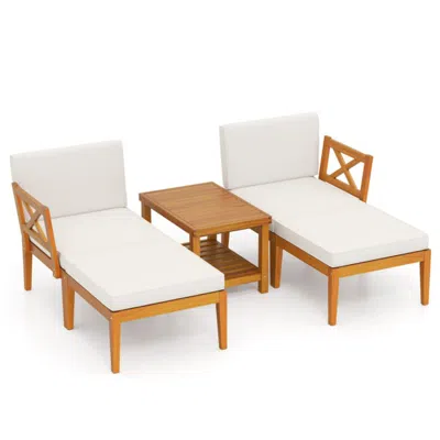 Hivvago 5 Pieces Acacia Wood Patio Chaise Lounge Chair Set With Ottoman And Cushions-white