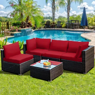Hivvago 5 Pieces Cushioned Patio Rattan Furniture Set With Glass Table-turquoise In Brown
