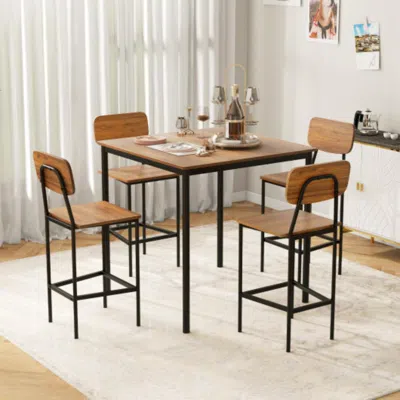 Hivvago 5 Pieces Industrial Dining Table Set With Counter Height Table And 4 Bar Stools-dark Brown