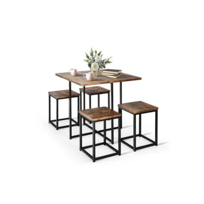 Hivvago 5 Pieces Metal Frame Dining Set With Compact Dining Table And 4 Stools -walnut