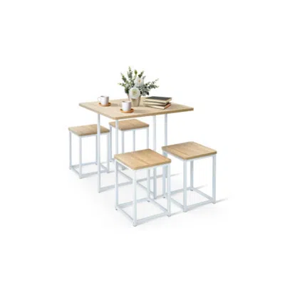 Hivvago 5 Pieces Metal Frame Dining Set With Compact Dining Table And 4 Stools-natural In Brown