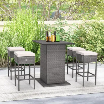 Hivvago 5 Pieces Outdoor Wicker Bar Table Set With Hidden Storage Shelves-white In Gray