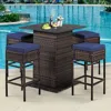 Hivvago 5 Pieces Patio Rattan Bar Table Stool Set Hidden Storage Shelf Cushioned-navy