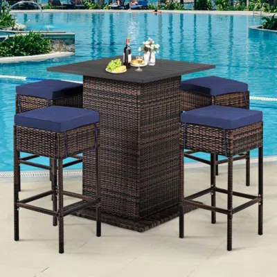 Hivvago 5 Pieces Patio Rattan Bar Table Stool Set Hidden Storage Shelf Cushioned-navy In Blue