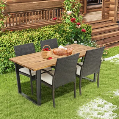 Hivvago 5 Pieces Patio Rattan Dining Set With Umbrella Hole And Seat Cushions In Black
