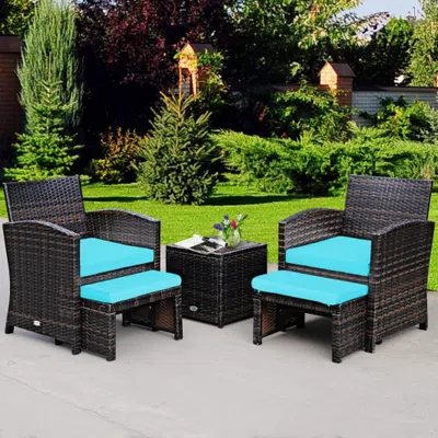 Hivvago 5 Pieces Patio Rattan Furniture Set With Ottoman And Tempered Glass Coffee Table-turquoise In Brown
