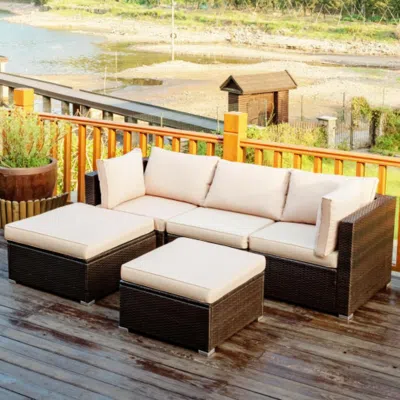 Hivvago 5 Pieces Patio Rattan Sectional Conversation Ottoman Furniture Set-blue In Neutral
