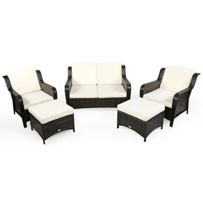 Hivvago 5 Pieces Patio Rattan Sofa Set With Cushion And Ottoman-off White In Black