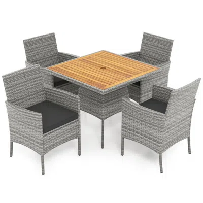 Hivvago 5 Pieces Pe Wicker Patio Dining Set Outdoor Acacia Wood Table And Chairs In Gray