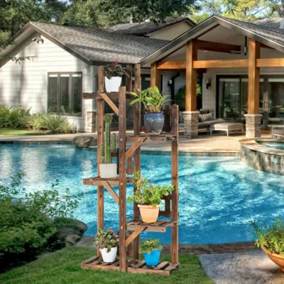 Hivvago 5-tier Flower Rack Wood Plant Stand 6 Pots Display Shelf In Brown