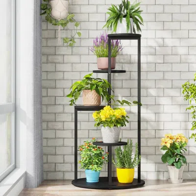 Hivvago 5-tier Indoor Plant Stand With Black Metal Frame And Brown Wood Finish Shelves