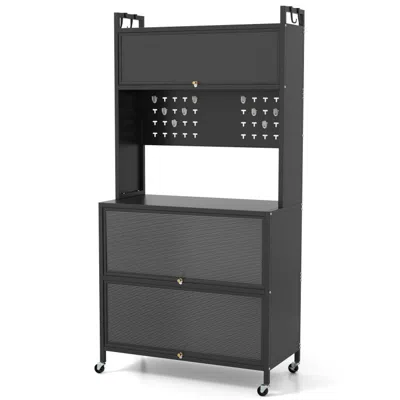 Hivvago 5 Tier Kitchen Bakers Rack With Lights Multifunctional Microwave Stand With Flip Door Cabinets