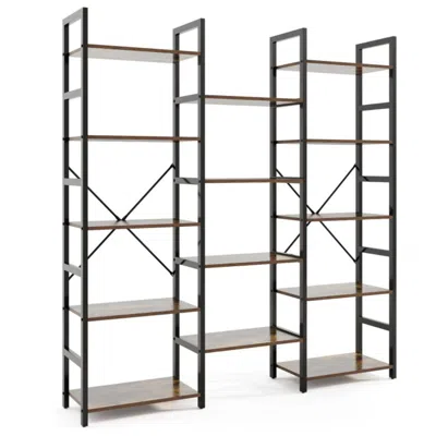 Hivvago 5-tier Triple Wide Heavy-duty Metal Frame Industrial Bookshelf-rustic Brown In Black