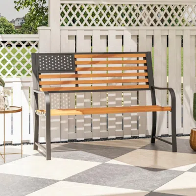 Hivvago 50 Inch Outdoor Garden Bench With Flag Pattern Backrest And Rustic Wood Grain Finish-brown