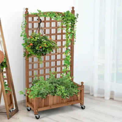 Hivvago 50 Inch Wood Planter Box With Trellis Mobile Raised Bed For Climbing Plant In Brown