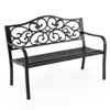Hivvago 50 Inches Outdoor Cast Iron Metal Patio Bench With Floral Design Backrest And Slatted Seat In Black