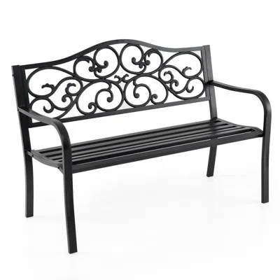 Hivvago 50 Inches Outdoor Cast Iron Metal Patio Bench With Floral Design Backrest And Slatted Seat In Black