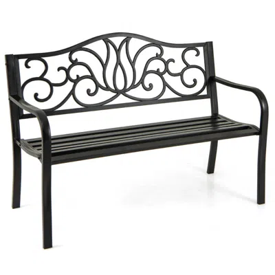 Hivvago 50 Inches Outdoor Garden Bench With Floral Design Backrest And Slatted Seat In Black
