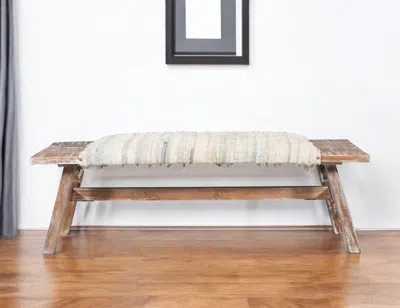 Hivvago 50" White And Brown Cotton Upholstered Striped Bench In Multi