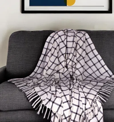 Hivvago 50" X 60" Black And Off White Cotton Woven Plaid Throw Throw Blanket With Fringe
