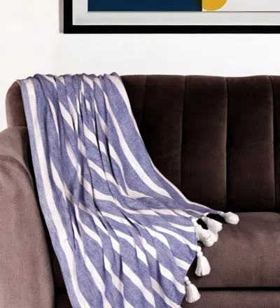 Hivvago 50" X 60" Blue And White Woven Cotton Striped Throw Blanket With Tassels