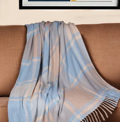 Hivvago 50" X 60" Blue Gray And Beige Woven Cotton Plaid Throw Blanket With Fringe