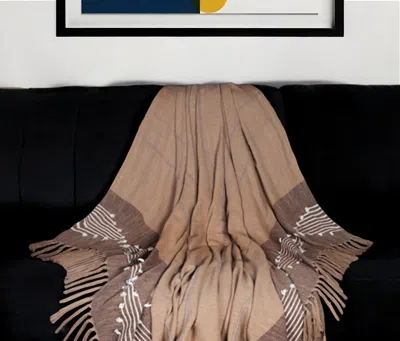 Hivvago 50" X 60" Brown And Beige Woven Cotton Striped Throw Blanket With Tassels And Embroidery In Neutral