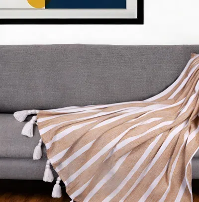 Hivvago 50" X 60" Gold And Ivory Woven Cotton Striped Throw Blanket With Tassels In Brown