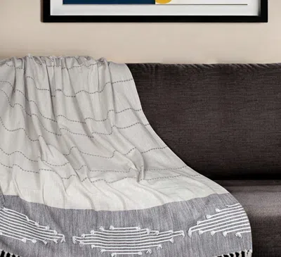 Hivvago 50" X 60" Ivory And Gray Woven Cotton Striped Throw Blanket With Fringe And Embroidery