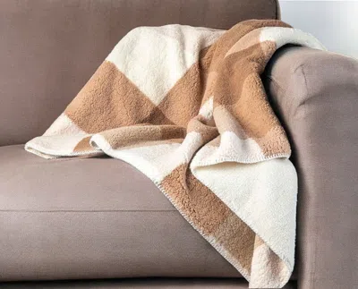 Hivvago 50" X 60" Ivory And Taupe Faux Sherpa Plaid Throw Blanket In Brown