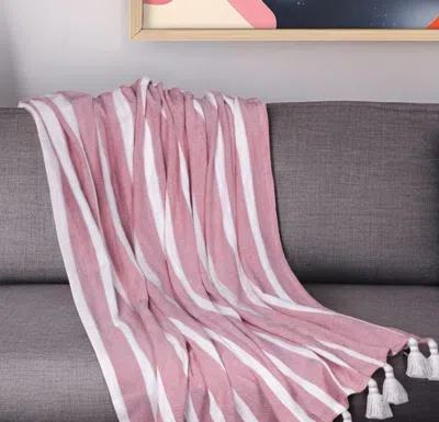Hivvago 50" X 60" Pink And White Woven Cotton Striped Throw Blanket With Tassels