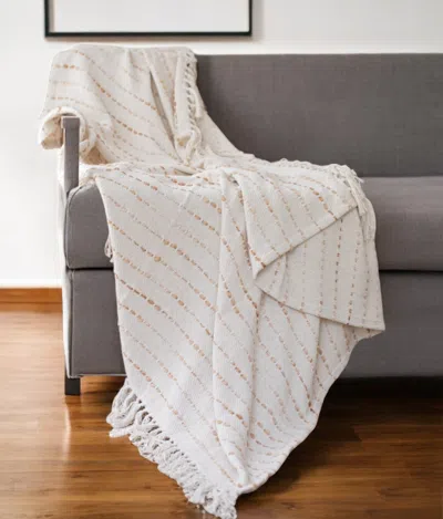 Hivvago 50" X 60" White And Brown Cotton Blend Woven Striped Throw Blanket With Fringe In Neutral