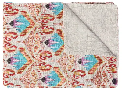 Hivvago 50" X 70" Beige And Pink Ikat Cotton Quilted Kantha Throw Blanket With Embroidery In Multi