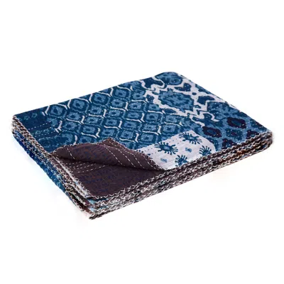 Hivvago 50" X 70" Black And Blue Ikat Cotton Quilted Kantha Throw Blanket With Embroidery
