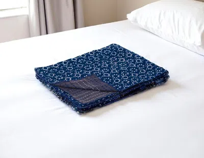 Hivvago 50" X 70" Blue And Off White Geometric Cotton Quilted Kantha Throw Blanket With Embroidery