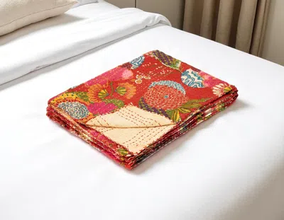 Hivvago 50" X 70" Blue Green And Red Floral Cotton Quilted Kantha Throw Blanket With Embroidery