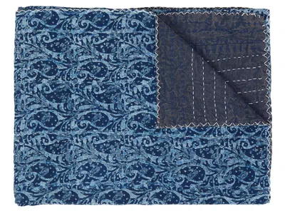 Hivvago 50" X 70" Blue Paisley Cotton Quilted Kantha Throw Blanket With Embroidery