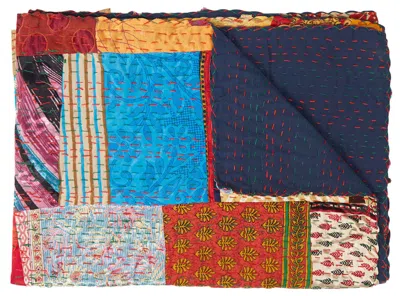 Hivvago 50" X 70" Blue Red And Yellow Patchwork Silk Quilted Kantha Throw Blanket With Embroidery In Multi