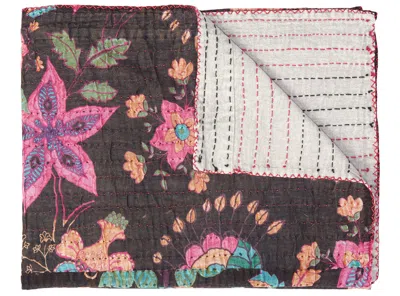 Hivvago 50" X 70" Brown And Beige Floral Cotton Quilted Kantha Throw Blanket With Embroidery In Multi