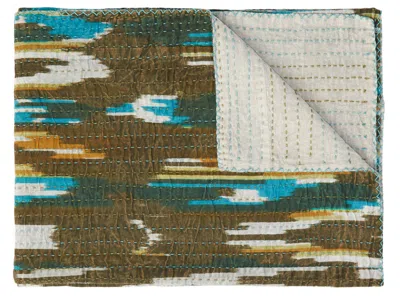 Hivvago 50" X 70" Brown And Blue Ikat Cotton Quilted Kantha Throw Blanket With Embroidery