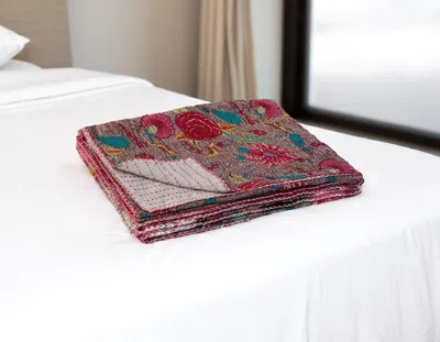 Hivvago 50" X 70" Brown And Red Floral Cotton Quilted Kantha Throw Blanket With Embroidery In Multi