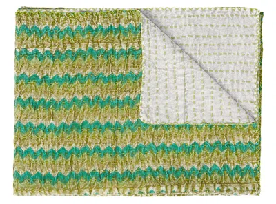 Hivvago 50" X 70" Gold And Green Chevron Cotton Quilted Kantha Throw Blanket With Embroidery