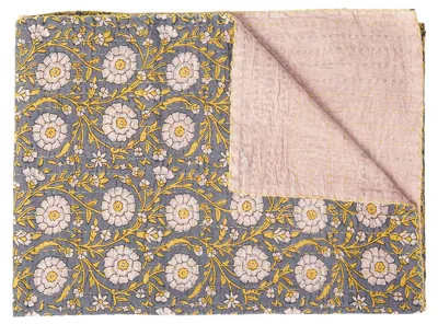 Hivvago 50" X 70" Gray And Yellow Floral Cotton Quilted Kantha Throw Blanket With Embroidery In Multi