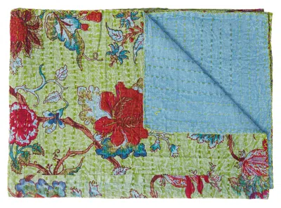 Hivvago 50" X 70" Green And Red Floral Cotton Quilted Kantha Throw Blanket With Embroidery