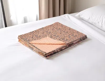 Hivvago 50" X 70" Peach And Gray Floral Cotton Quilted Kantha Throw Blanket With Embroidery In Pink