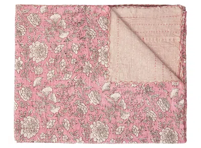 Hivvago 50" X 70" Pink And Blush Floral Cotton Quilted Kantha Throw Blanket With Embroidery