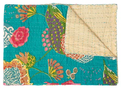 Hivvago 50" X 70" Teal And Pink Floral Cotton Quilted Kantha Throw Blanket With Embroidery In Multi
