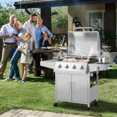 Hivvago 50000btu 5-burner Propane Gas Grill With Side Burner And 2 Prep Tables-silver In Gray