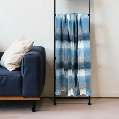 Hivvago 52" X 67" Gray Ivory And Blue Woven Wool Blend Plaid Throw Blanket With Fringe