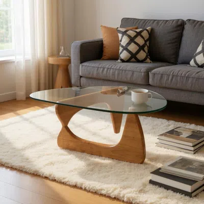 Hivvago 54" Clear And Brown Glass And Wood Triangle Abstract Coffee Table